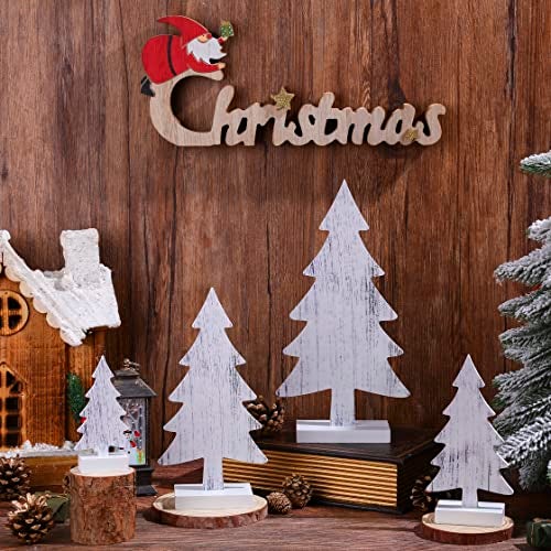 Sawysine 4 Pcs Wooden Christmas Tree Tabletop Decor Rustic Wood Christmas Trees Table Centerpieces Christmas Tiered Tray Decor Wood Trees with Rectangular Base for Xmas Winter Holiday White - Image 1