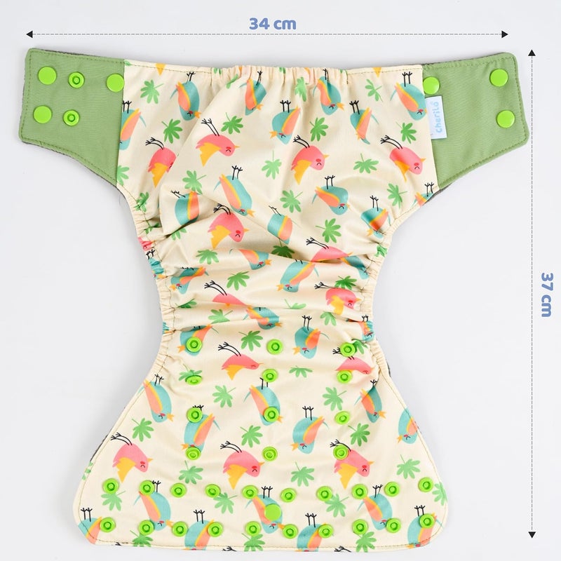 Cherilo حفاضة قماش قابلة لإعادة الاستخدام من شيريلو للمواليد الجدد من 0 إلى 3 سنوات، مانعة للتسرب، حفاضات قماش قابلة للغسل، بدون تسرب جانبي، حفاضة جيب بحجم قابل للتعديل (حفاضة بنمط العصفور الجذاب + 1 إدخال) - Image 2