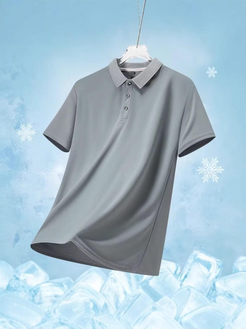 تي شيرت صيفي جديد بأكمام قصيرة للرجال، قميص بولو عصري من الحرير الجليدي، رقيق، لون موحد، بأكمام قصيرة سوداء للرجال - Image 5