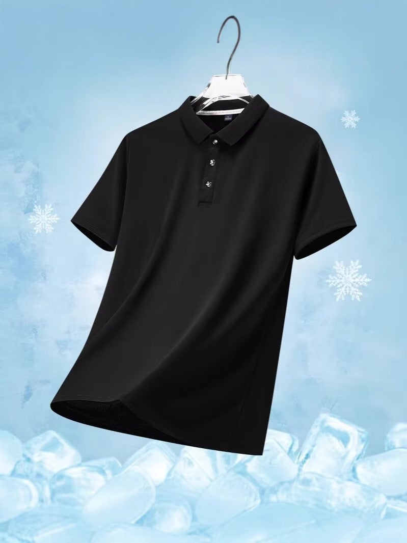 تي شيرت صيفي جديد بأكمام قصيرة للرجال، قميص بولو عصري من الحرير الجليدي، رقيق، لون موحد، بأكمام قصيرة سوداء للرجال - Image 4