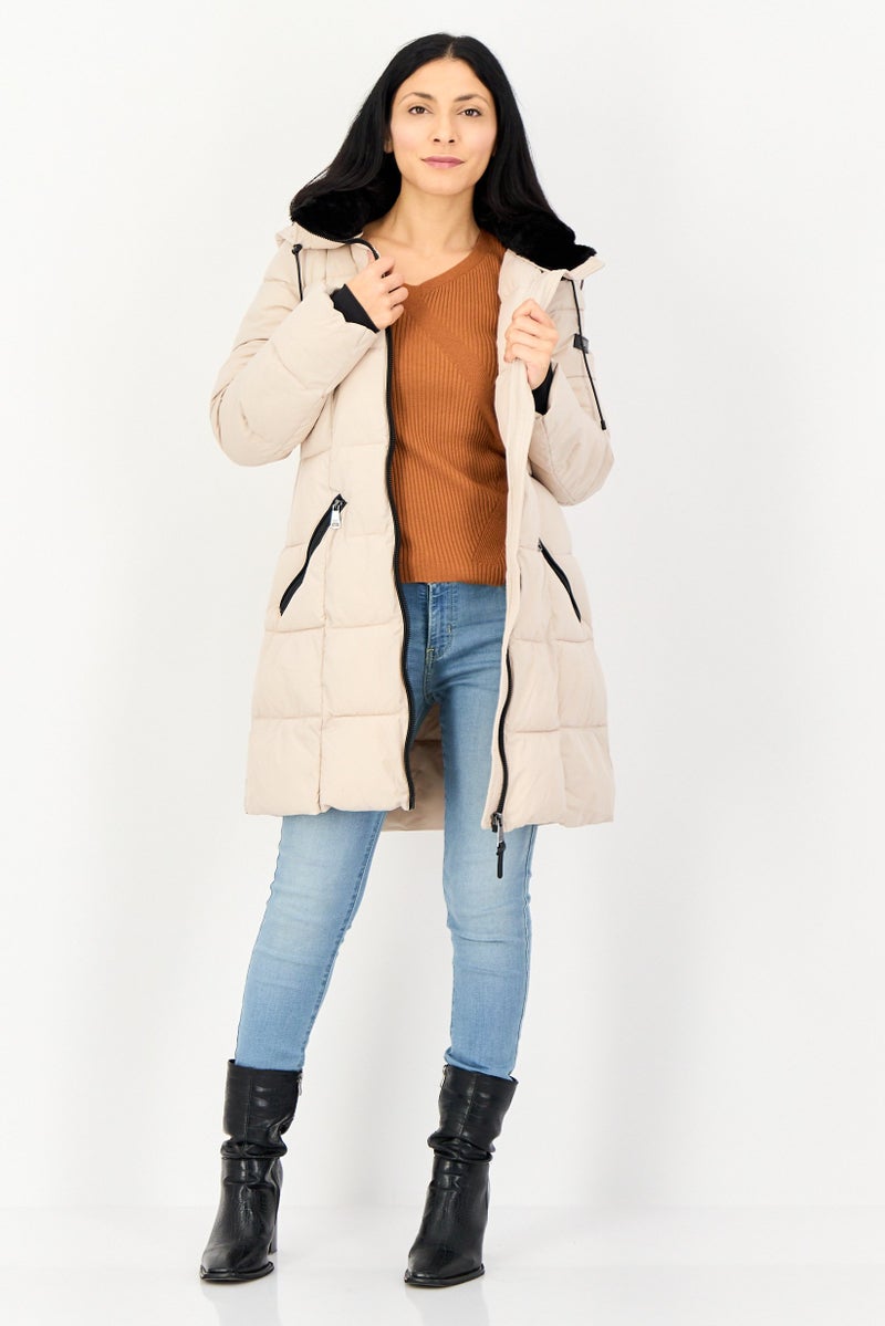 DKNY Women Brand Logo Puffer Jacket, Beige - Image 4