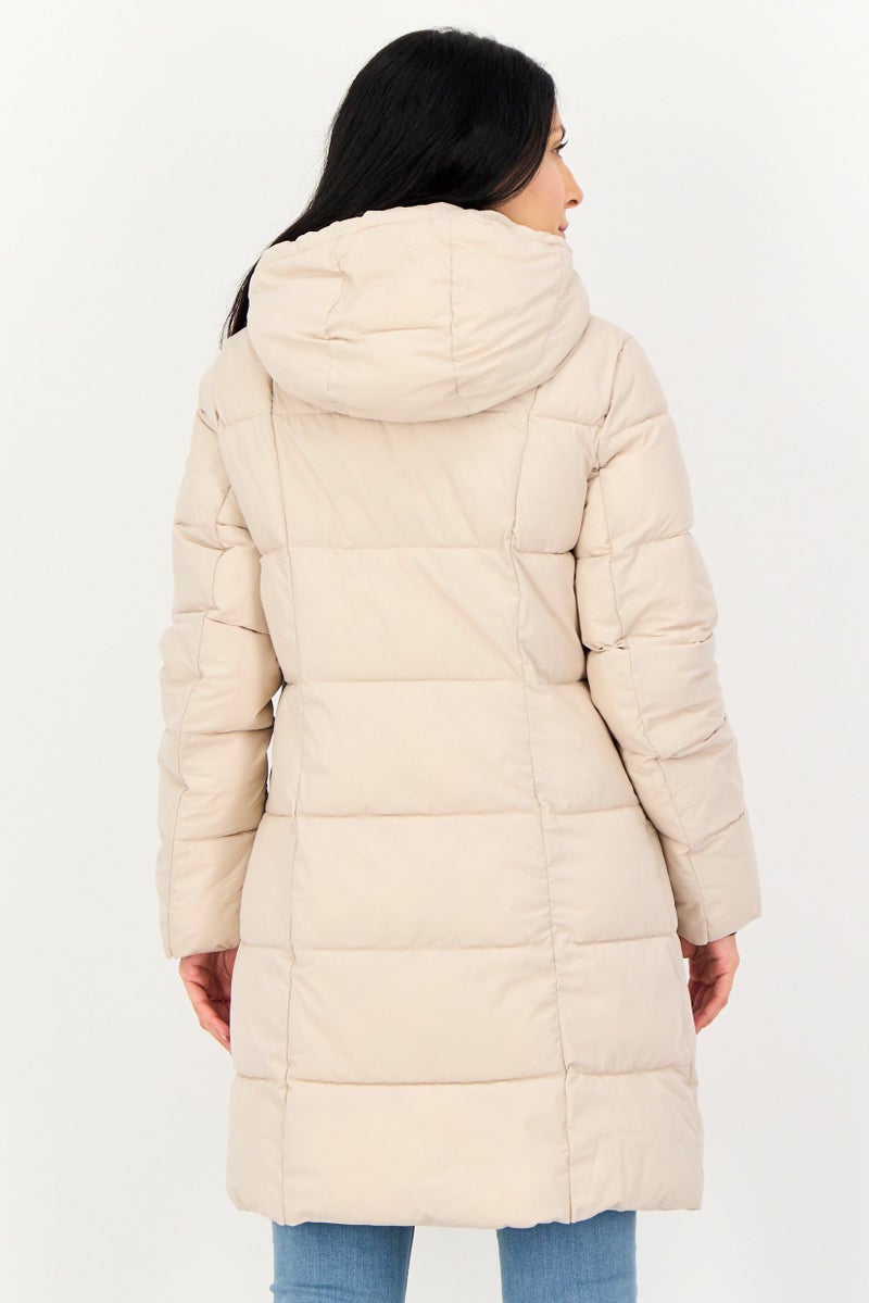 DKNY Women Brand Logo Puffer Jacket, Beige - Image 3