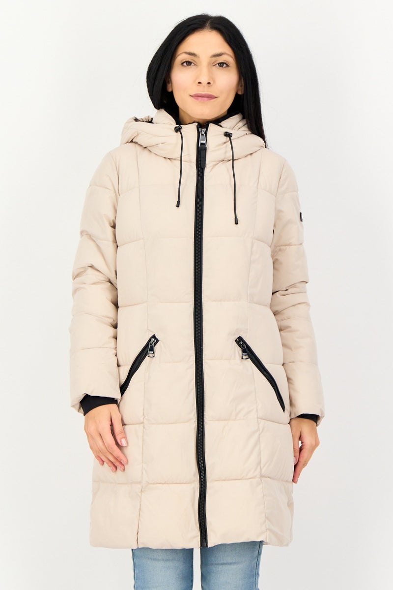 DKNY Women Brand Logo Puffer Jacket, Beige - Image 1
