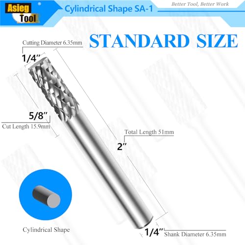 Asieg Tool SA-1 Solid Tungsten Carbide Burr Rotary File Cylindrical Shape Double Cut for Die Grinder Drill Bits 1/4'' Inch Diameter of Shank and Cutter 5/8'' Inch Cutter Length - Image 2