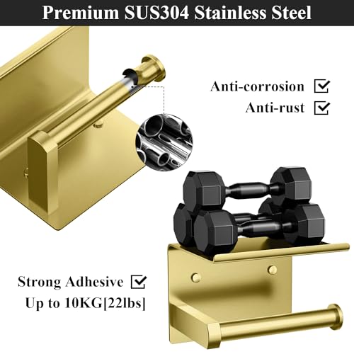 Tindbea Toilet Paper Holder with Phone Shelf, Adhesive or Screw Wall Mount Toilet Tissue Roll Holder, Rustproof & Multifunctional Stainless Steel Bathroom Storage Dispenser (Brushed Gold) - Image 4