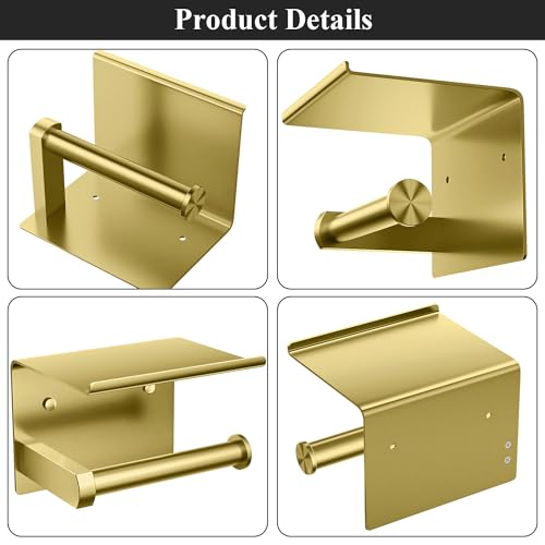 Tindbea Toilet Paper Holder with Phone Shelf, Adhesive or Screw Wall Mount Toilet Tissue Roll Holder, Rustproof & Multifunctional Stainless Steel Bathroom Storage Dispenser (Brushed Gold) - Image 5