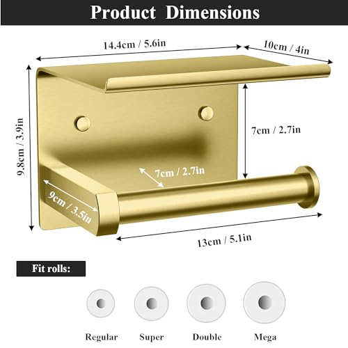 Tindbea Toilet Paper Holder with Phone Shelf, Adhesive or Screw Wall Mount Toilet Tissue Roll Holder, Rustproof & Multifunctional Stainless Steel Bathroom Storage Dispenser (Brushed Gold) - Image 3