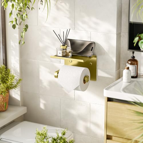 Tindbea Toilet Paper Holder with Phone Shelf, Adhesive or Screw Wall Mount Toilet Tissue Roll Holder, Rustproof & Multifunctional Stainless Steel Bathroom Storage Dispenser (Brushed Gold) - Image 2