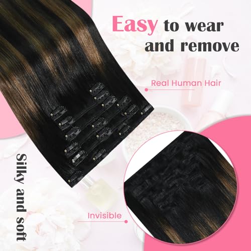 Aison Ombre Clip in Hair Extensions 75G Natural Black to Chestnut Brown 100 Remy Human Hair Clip in Extensions for Women 7pcs 16clips 20 Inch - Image 3