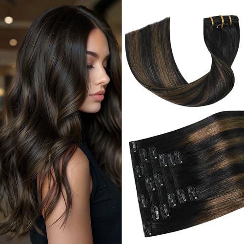 Aison Ombre Clip in Hair Extensions 75G Natural Black to Chestnut Brown 100 Remy Human Hair Clip in Extensions for Women 7pcs 16clips 20 Inch - Image 1