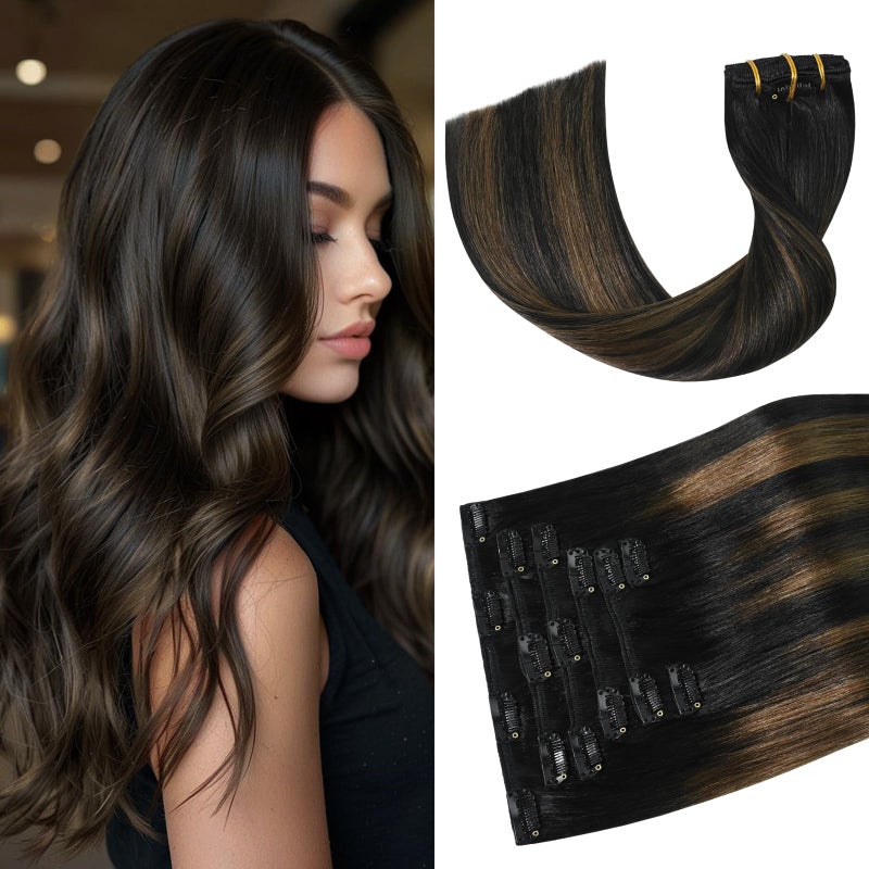 Aison Ombre Clip in Hair Extensions 75G Natural Black to Chestnut Brown 100 Remy Human Hair Clip in Extensions for Women 7pcs 16clips 20 Inch - Image 2
