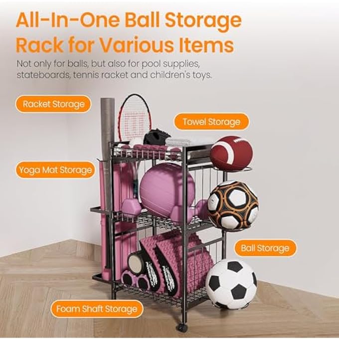 rayihni Rolling Yoga Mat Storage Rack, Yoga Storage Organizer For Home Gym Storage, Gym Equipment Rack For Straps Dumbbells Kettlebells Foam Rollers Light Hand Weights Resistance Band Ball - Image 4