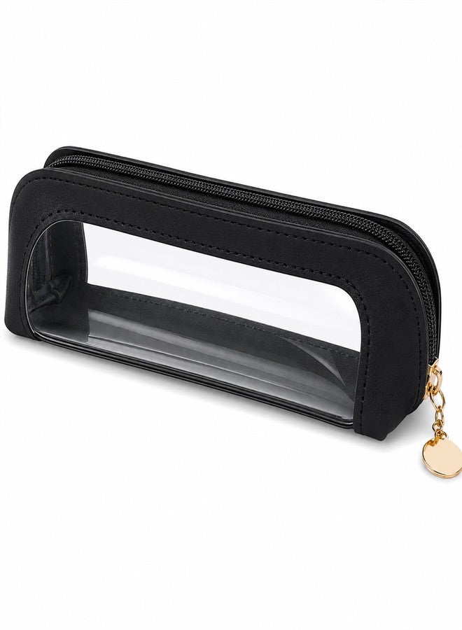 GlACBIUG Small Clear Makeup Bag – 8.5" Travel Makeup Brush Bag, Small Makeup Bag for Purse, PU Leather Cosmetic Brush Holder for Women, Office & Travel (Black) - Image 1
