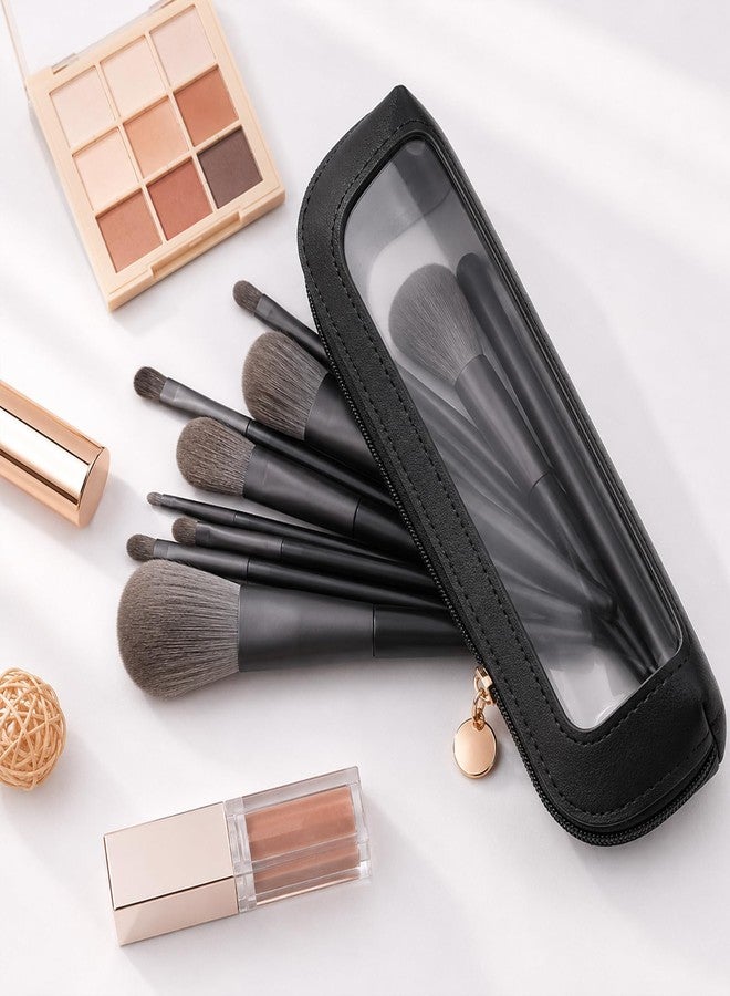 GlACBIUG Small Clear Makeup Bag – 8.5" Travel Makeup Brush Bag, Small Makeup Bag for Purse, PU Leather Cosmetic Brush Holder for Women, Office & Travel (Black) - Image 4
