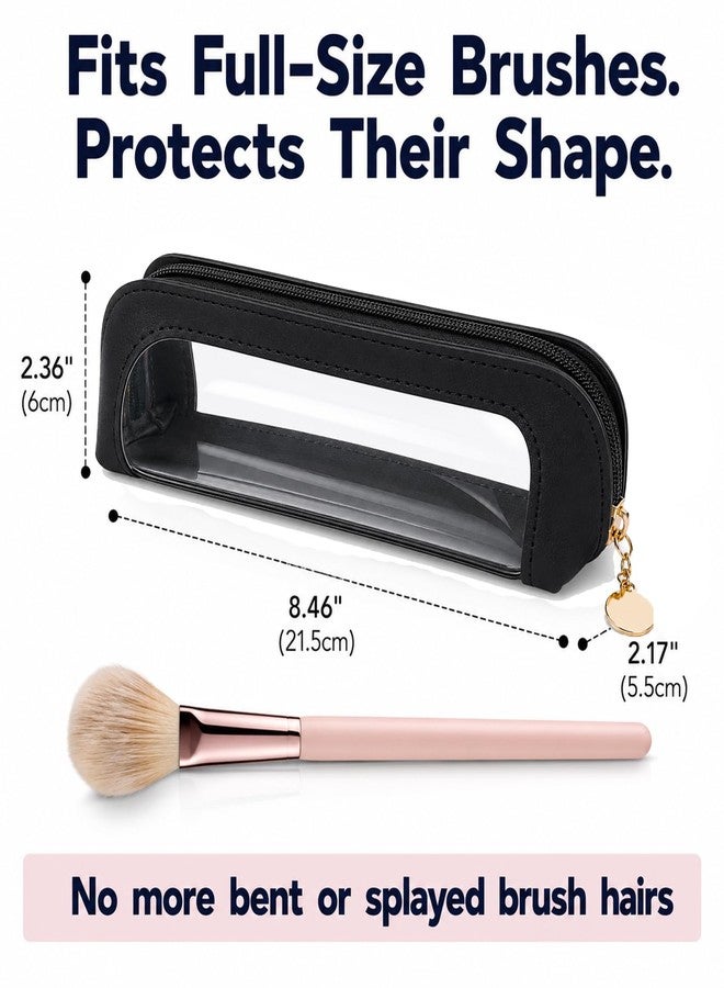 GlACBIUG Small Clear Makeup Bag – 8.5" Travel Makeup Brush Bag, Small Makeup Bag for Purse, PU Leather Cosmetic Brush Holder for Women, Office & Travel (Black) - Image 2