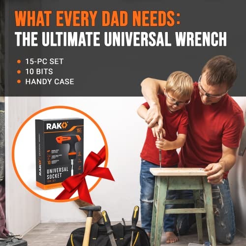 RAK Universal Socket Tool - Birthday Gifts for Men - Set of 15, 1/4-to-3/4-inch Wrench Grip, T-Handle Ratchet Driver, 10 Screwdriver Bits - Gifts for men, Husband, Handyman - Image 2