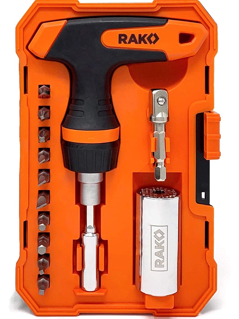 RAK Universal Socket Tool - Birthday Gifts for Men - Set of 15, 1/4-to-3/4-inch Wrench Grip, T-Handle Ratchet Driver, 10 Screwdriver Bits - Gifts for men, Husband, Handyman - Image 1