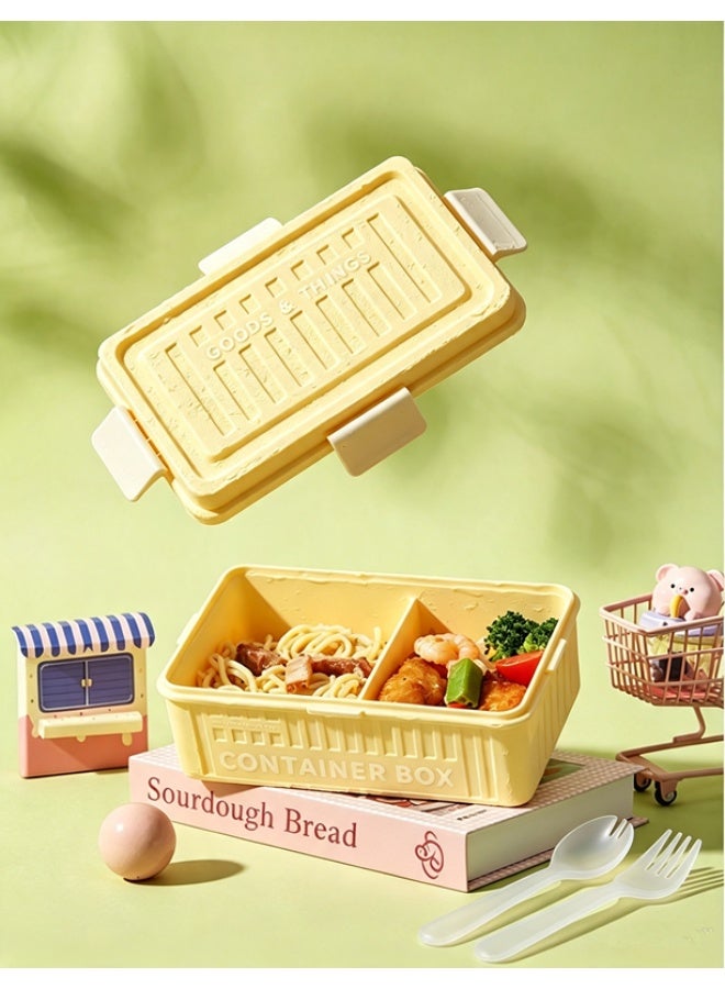 Dopamine Container‑Style Bento Box, 2‑Compartment Leak‑Proof Lunch Box, Microwave‑Safe PP Food Container With Cutlery For Student Office Worker（6912-Yellow） - Image 1
