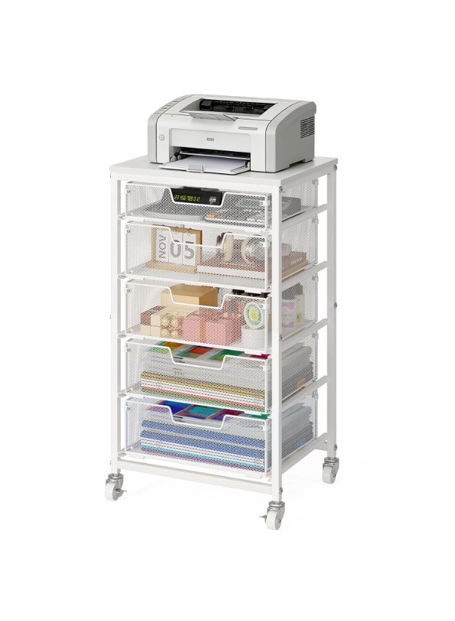 Solerconm Utility Cart with 5 Drawers, Rolling Storage Cart with Wooden Tabletop and Lockable Wheels, Storage Drawer Cart with Drawers, Craft Cart for Bedroom, Classroom, Home, Office, White - Image 1