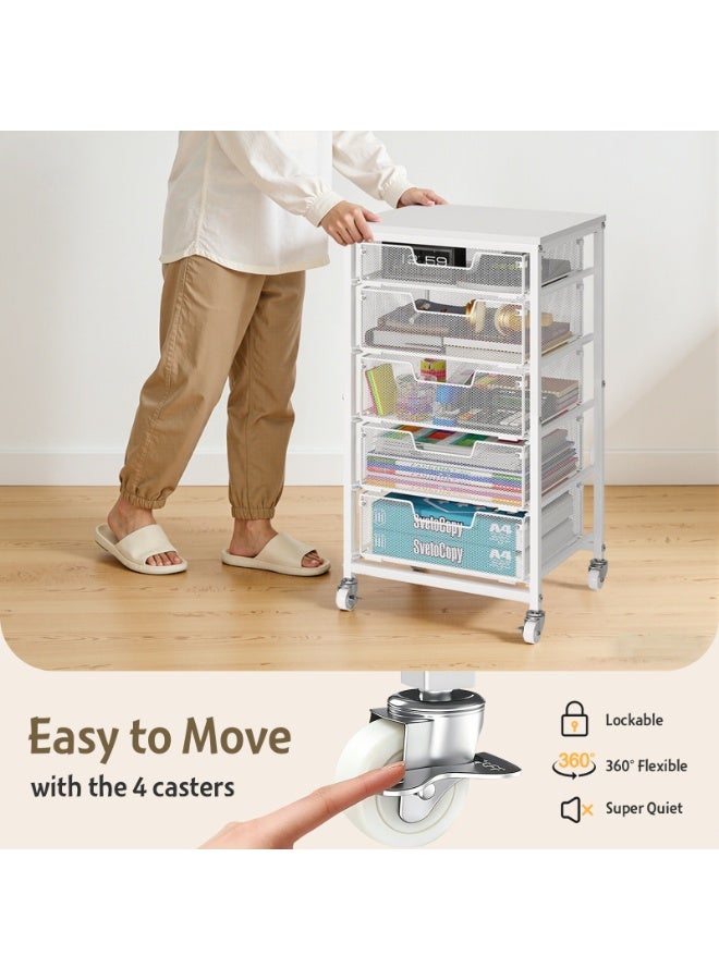 Solerconm Utility Cart with 5 Drawers, Rolling Storage Cart with Wooden Tabletop and Lockable Wheels, Storage Drawer Cart with Drawers, Craft Cart for Bedroom, Classroom, Home, Office, White - Image 5