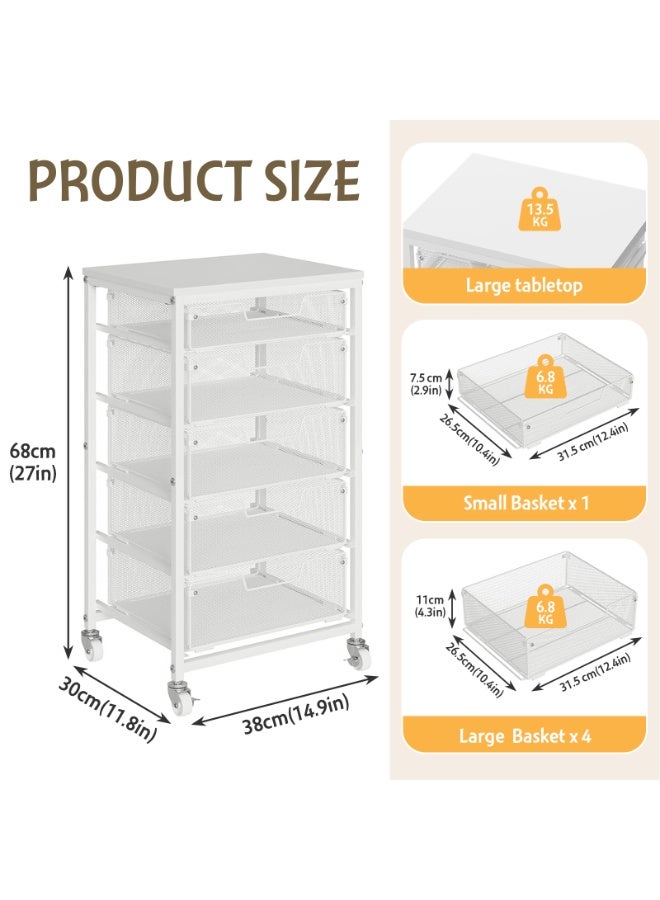 Solerconm Utility Cart with 5 Drawers, Rolling Storage Cart with Wooden Tabletop and Lockable Wheels, Storage Drawer Cart with Drawers, Craft Cart for Bedroom, Classroom, Home, Office, White - Image 2