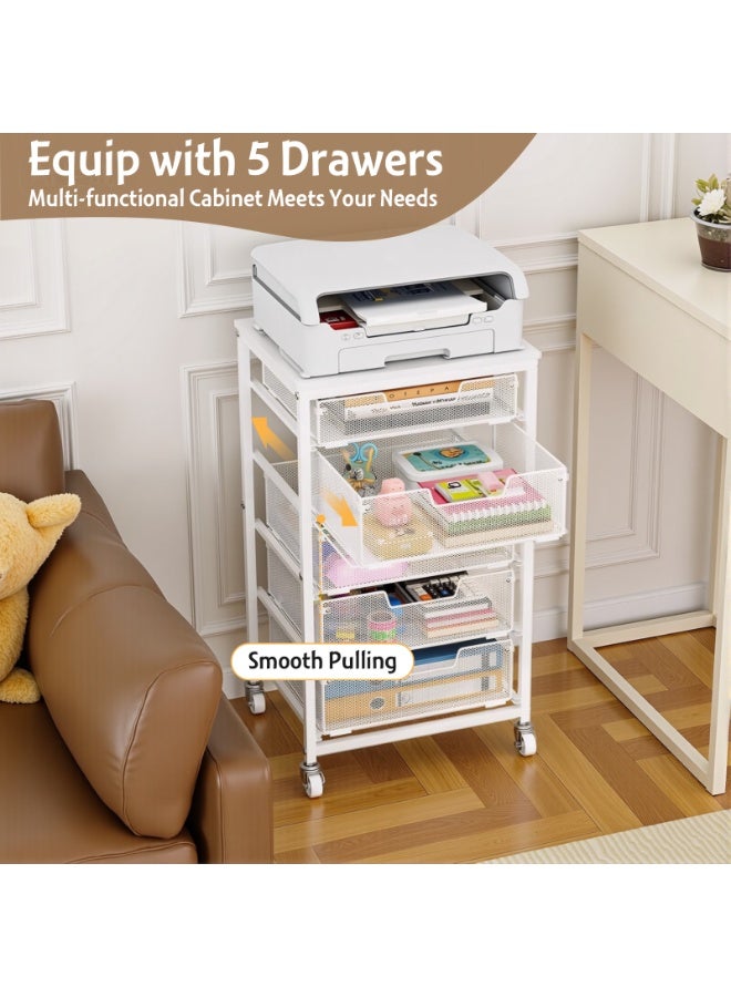 Solerconm Utility Cart with 5 Drawers, Rolling Storage Cart with Wooden Tabletop and Lockable Wheels, Storage Drawer Cart with Drawers, Craft Cart for Bedroom, Classroom, Home, Office, White - Image 4