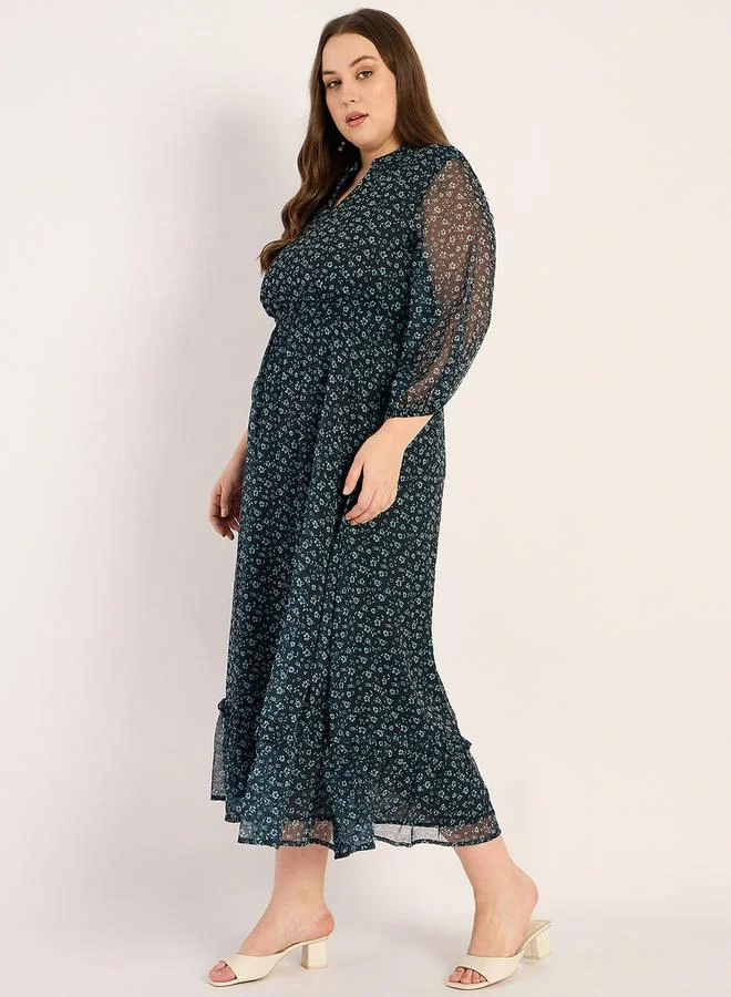 Femmella Femmella Plus Size Floral Print V Neck A-Line Midi Dress