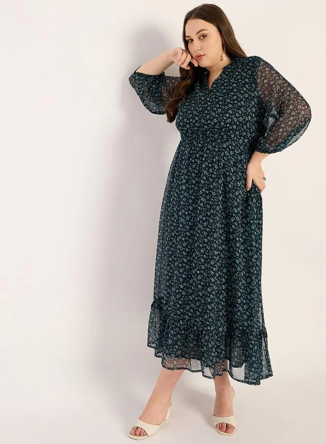 Femmella Femmella Plus Size Floral Print V Neck A-Line Midi Dress