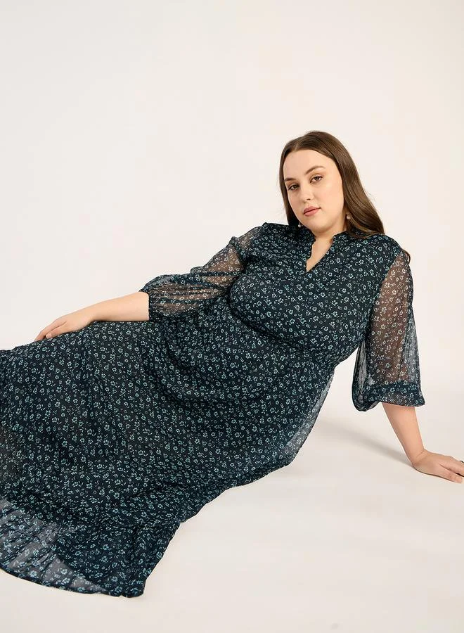 Femmella Femmella Plus Size Floral Print V Neck A-Line Midi Dress