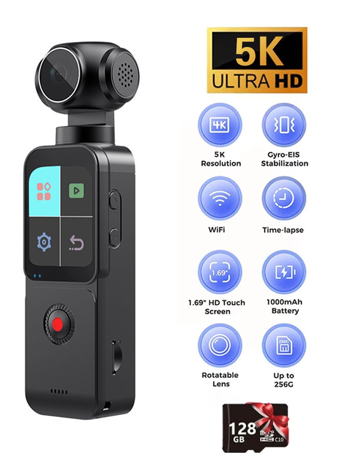 Body Camera 5K with External Microphone, 1.69" Screen, Mini Video & Audio Pocket Cam 270° Rotation Camera for Outdoor Sport, Bike, Travel, Police Law Enforcement, Personal Civilians, 128GB Included - Image 1