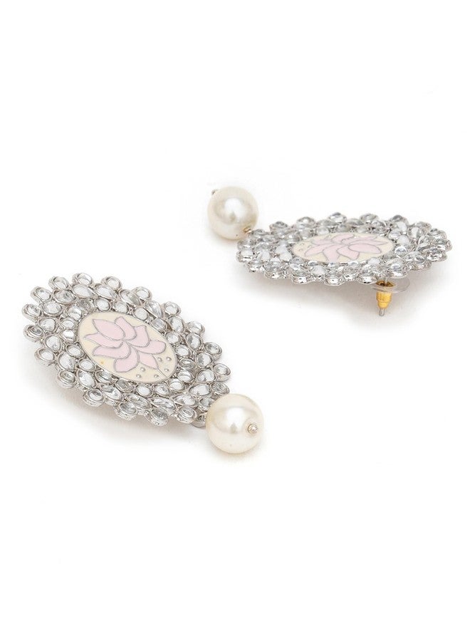 Karatcart Oxidised Silver Pink Meena Pearl Beads Kundan Stud Earrings for Women - Image 5