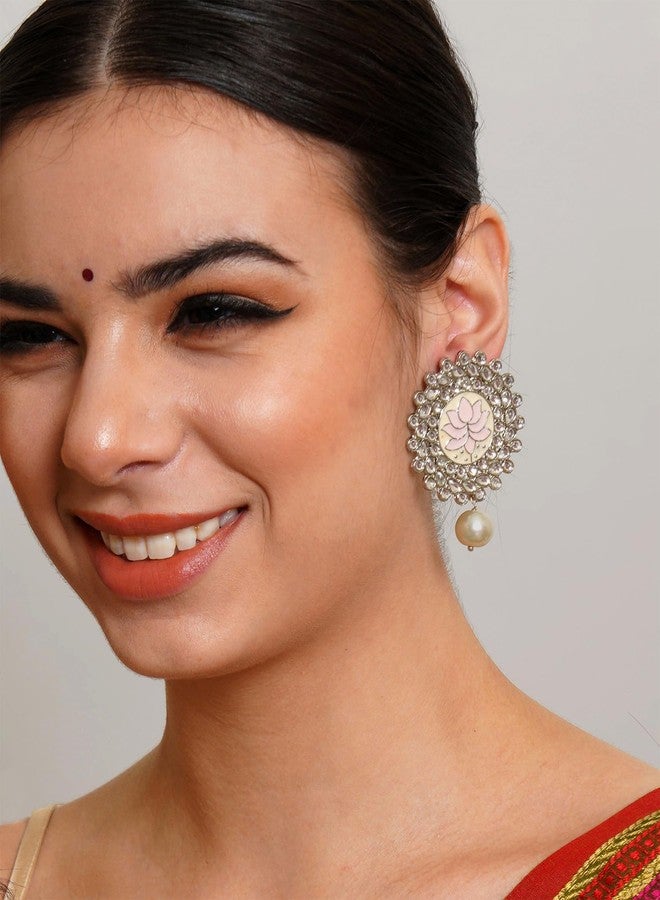 Karatcart Oxidised Silver Pink Meena Pearl Beads Kundan Stud Earrings for Women - Image 2