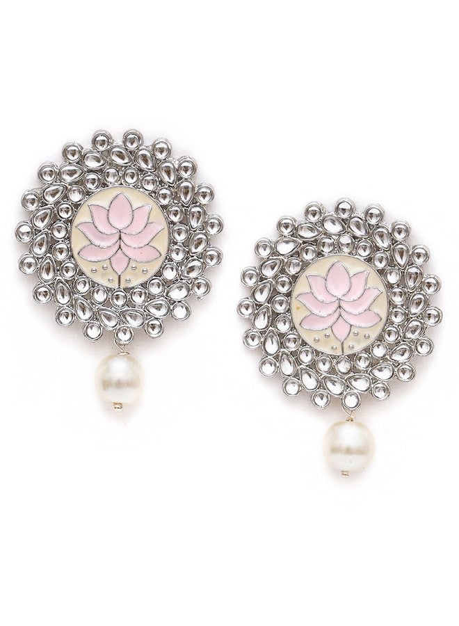Karatcart Oxidised Silver Pink Meena Pearl Beads Kundan Stud Earrings for Women - Image 4