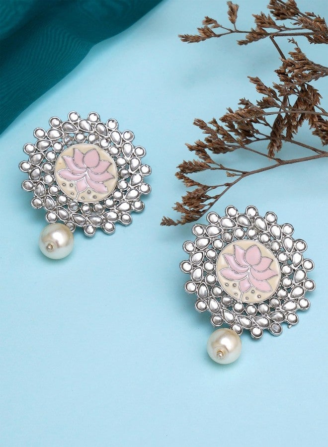 Karatcart Oxidised Silver Pink Meena Pearl Beads Kundan Stud Earrings for Women - Image 3
