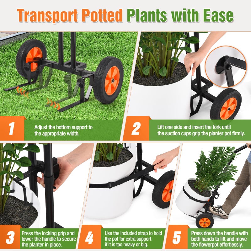 AugFir Plant Caddy with Wheels, Heavy Duty Plant Dolly Cart with Adjustable Grabbing Arm and Suction Cups for Plant Pots, Garden Pot Mover Trolley Cart with Strap, Ideal for Indoor and Outdoor Use, Black - Image 5