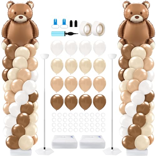 Kasyat 2 Set Bear Balloon Column Stand Kit Bearly Baby Shower Balloon Arch Kit Bear Baby Shower Decorations with Brown Beige Nude Tan Balloons for Boho Neutral Gender Reveal Birthday Party - Image 1