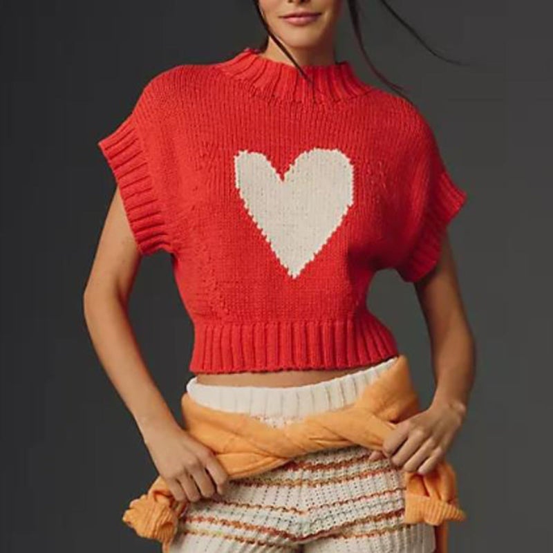 Comulish Red Heart Sweater Vests for Women Cute Mock Neck Short Cap Sleeve Cropped Sweaters Valentines Day Tank Tops (Red, M) - Image 3