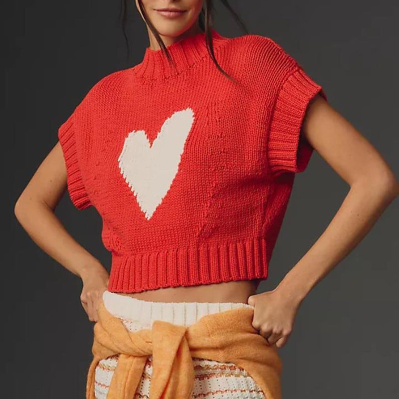 Comulish Red Heart Sweater Vests for Women Cute Mock Neck Short Cap Sleeve Cropped Sweaters Valentines Day Tank Tops (Red, M) - Image 2