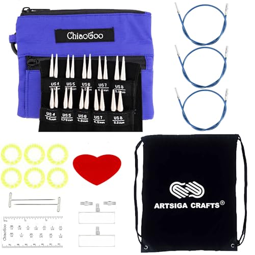 ChiaoGoo Twist Red Lace Shorties 2 & 3-Inch Large Blue 7230-S Interchangeable Knitting Needle Set, 10-Pairs Sizes US 4, 5, 6, 7, 8, Stainless Steel with 3 Cords with Project Bag - Image 1