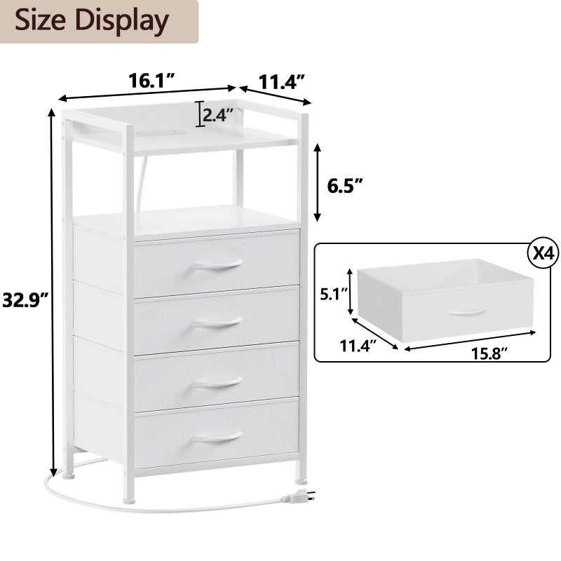 Furnulem White Nightstand with Charging Station, Night Stand Side Table with Led Light, Tall Dresser for Bedroom with 4 Fabric Storage Drawers, Metal Frame, Wood Shelf(White) - Image 2