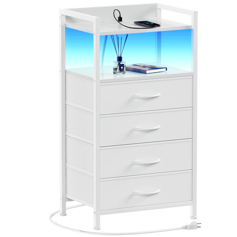 Furnulem White Nightstand with Charging Station, Night Stand Side Table with Led Light, Tall Dresser for Bedroom with 4 Fabric Storage Drawers, Metal Frame, Wood Shelf(White) - Image 1