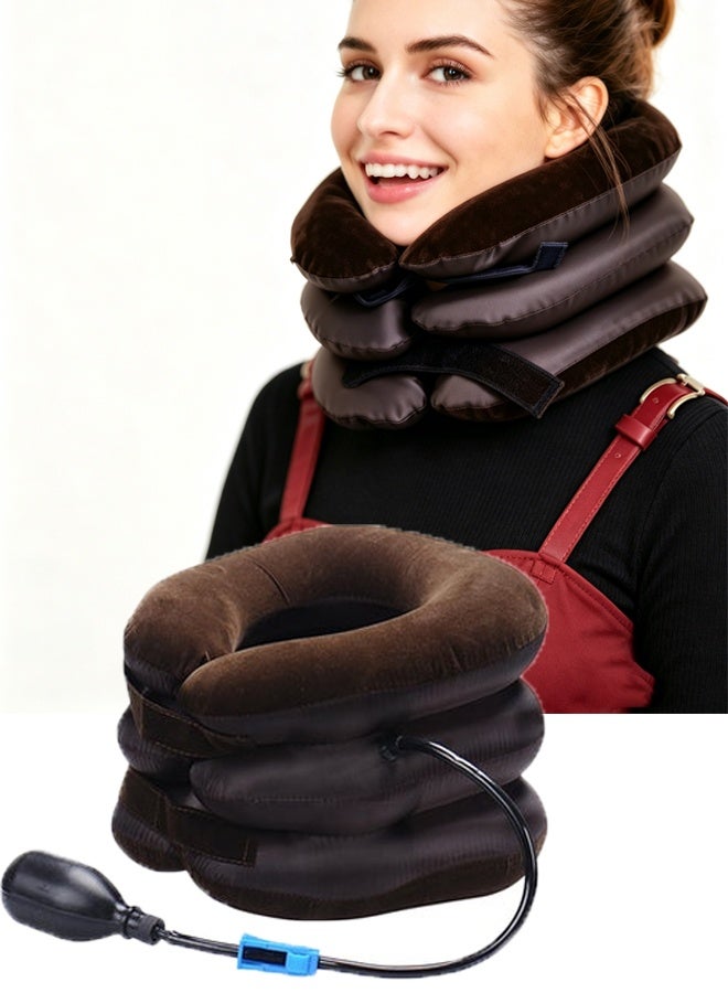 Inflatable Neck Massager,nflatable & Adjustable Neck Stretcher Neck Support Brace,Neck Traction Pillow for Home Use Neck Decompression (for Adults, Brown) - Image 1