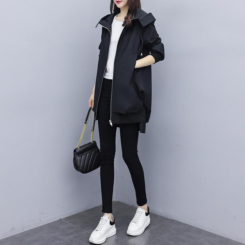 Lined 2025 Spring and Autumn Korean Style Khaki Loose Casual Hooded Windbreaker Womens Mid-Length Black Temperament Jacket Black [hooded threaded windbreaker] no lining 