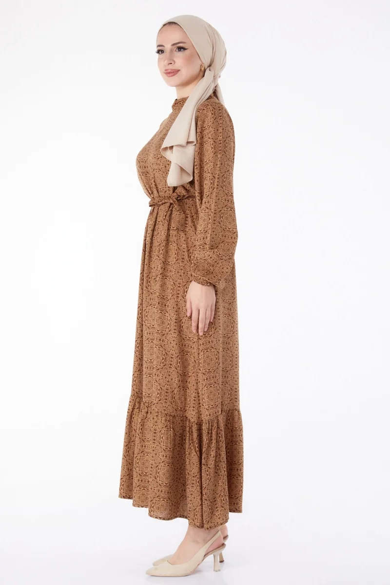 Tofisa Plain Judge Collar Women's Brown Patterned Belted Dress - 25345