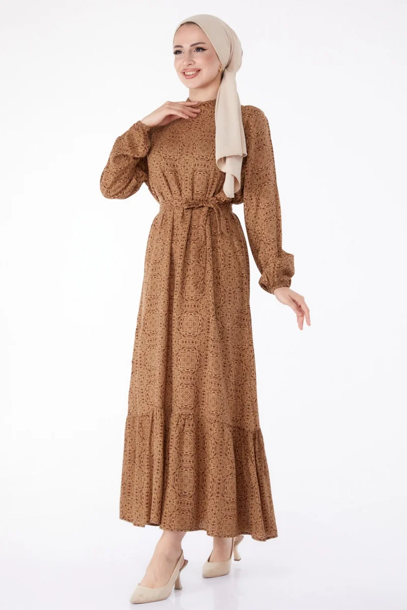 Tofisa Plain Judge Collar Women's Brown Patterned Belted Dress - 25345