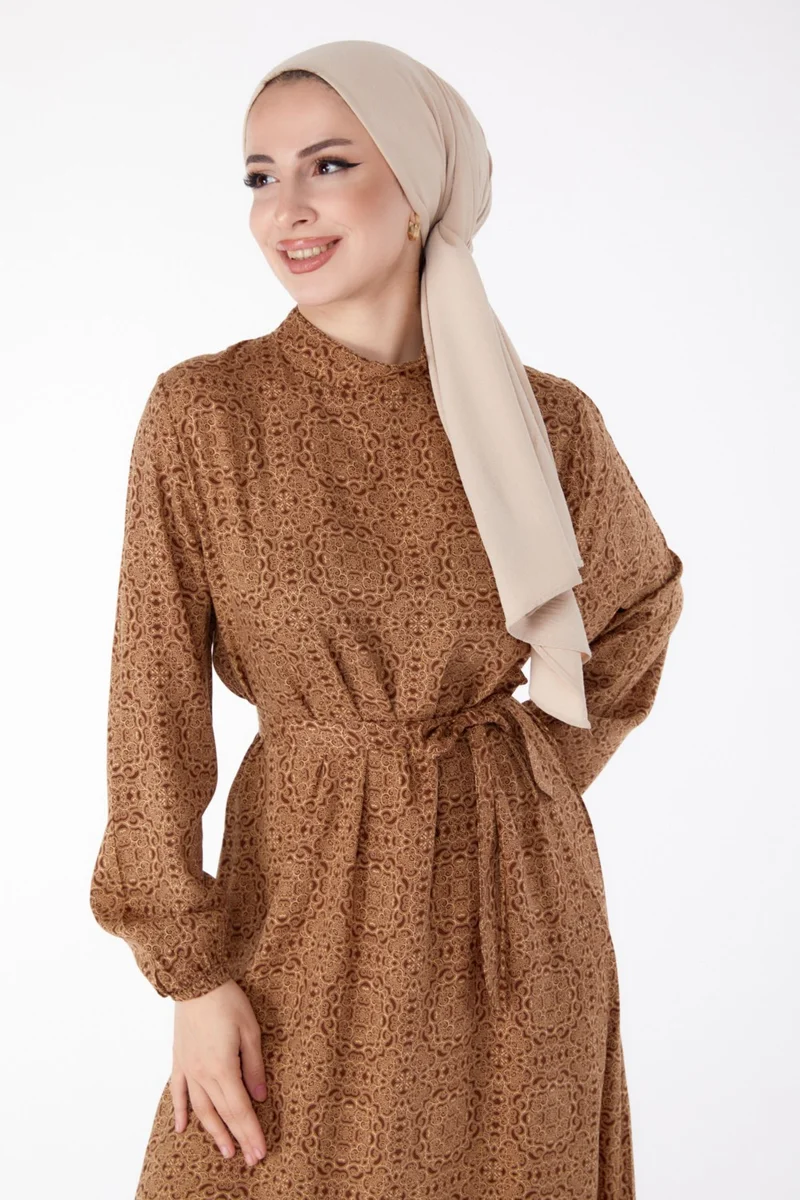 Tofisa Plain Judge Collar Women's Brown Patterned Belted Dress - 25345