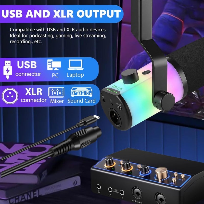 XLR USB Dynamic Microphone with RGB Light, Volume Control, Mute Button, Headphone Monitoring Jack. Compatible with Mixers, Sound Cards, MAC, PC - Image 5
