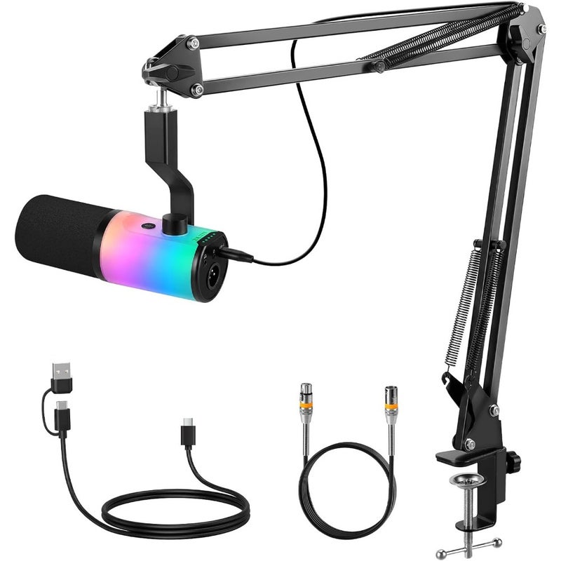 XLR USB Dynamic Microphone with RGB Light, Volume Control, Mute Button, Headphone Monitoring Jack. Compatible with Mixers, Sound Cards, MAC, PC - Image 1