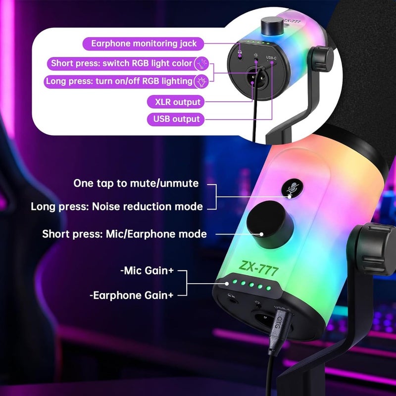 XLR USB Dynamic Microphone with RGB Light, Volume Control, Mute Button, Headphone Monitoring Jack. Compatible with Mixers, Sound Cards, MAC, PC - Image 2