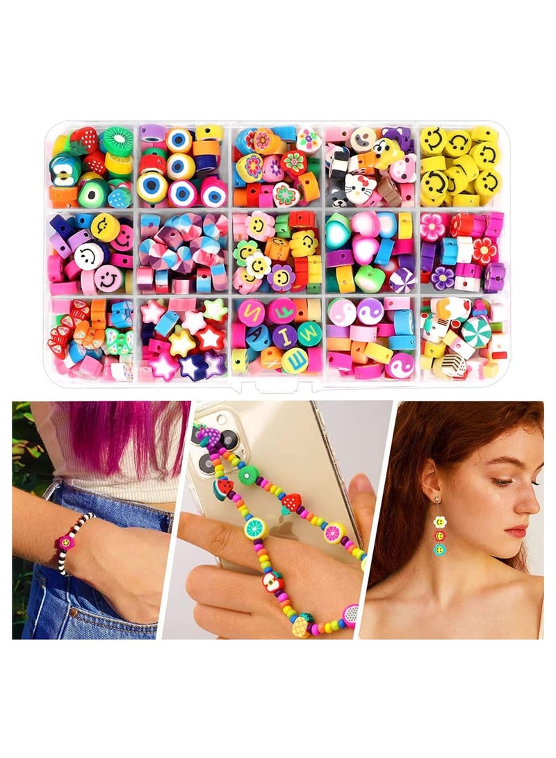 KASTWAVE Handmade Polymer Clay Beads 300PCS Fruit Smiley Beads 15 Styles Flower Letter Soft Beads for Women Girls Jewelry Making DIY Bracelet Necklace Earring Accessories with 4m Crystal Elastic String  - Image 2